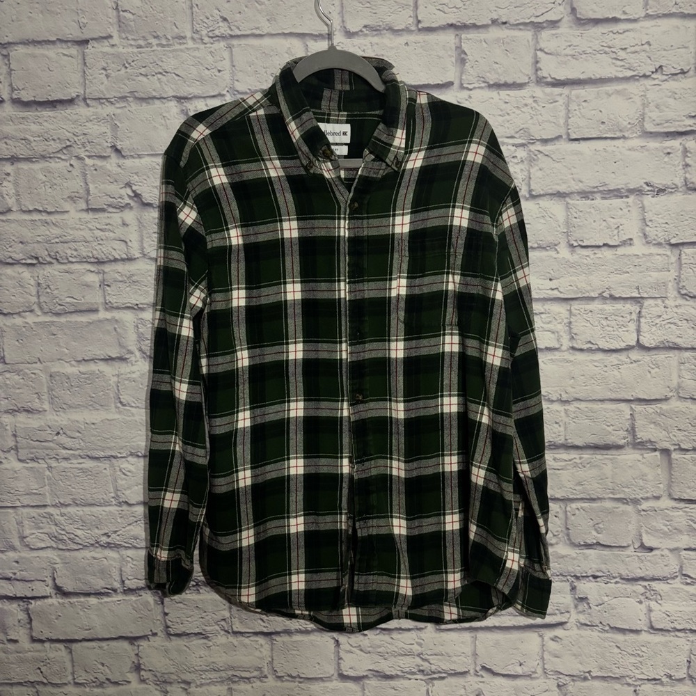Heavy flannel Green and White Plaid Men's Shirt / Size Large
